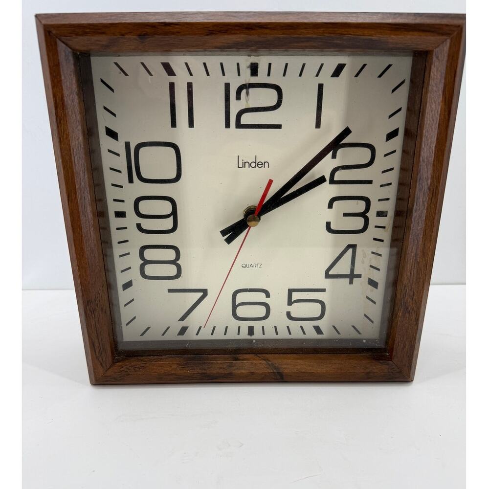 Vintage Linden Quartz Square Wall Clock Wood Frame Retro Mid Century Tested 10"